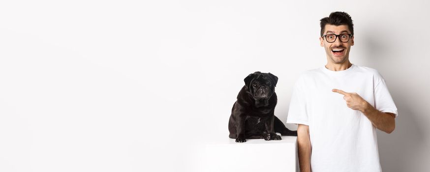 Happy young man showing his cute dog, pointing finger at black pug and smiling, standing over white background.