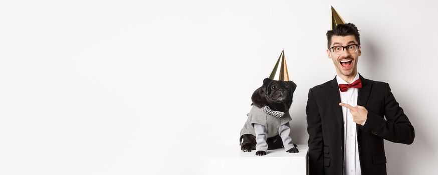 Happy dog owner and black pug wearing birthday party cones, man pointing at pug, standing over white background.