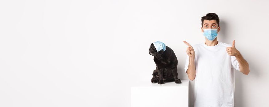 Covid-19, animals and quarantine concept. Young man and black dog wearing medical masks, pug looking at upper left corner and owner showing thumb-up to praise promo.