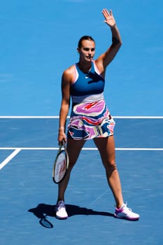 MELBOURNE, AUSTRALIA - JANUARY 23: Aryna Sabalenka of Belarus ce;ebrates beating Belinda Bencic of Switzerland on day 8 of the 2023 Australian Open at Melbourne Park on January 23, 2023 in Melbourne, Australia.