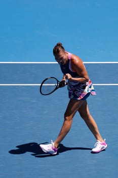 MELBOURNE, AUSTRALIA - JANUARY 23: Aryna Sabalenka of Belarus ce;ebrates beating Belinda Bencic of Switzerland on day 8 of the 2023 Australian Open at Melbourne Park on January 23, 2023 in Melbourne, Australia.