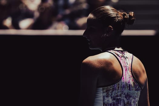 MELBOURNE, AUSTRALIA - JANUARY 23: Karolina Pliskova of Czech Republic plays Shuai Zhang of China on day 8 of the 2023 Australian Open at Melbourne Park on January 23, 2023 in Melbourne, Australia.