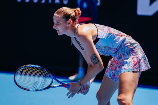 MELBOURNE, AUSTRALIA - JANUARY 23: Karolina Pliskova of Czech Republic plays Shuai Zhang of China on day 8 of the 2023 Australian Open at Melbourne Park on January 23, 2023 in Melbourne, Australia.
