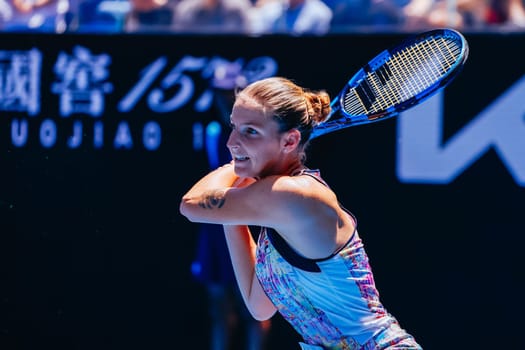 MELBOURNE, AUSTRALIA - JANUARY 23: Karolina Pliskova of Czech Republic plays Shuai Zhang of China on day 8 of the 2023 Australian Open at Melbourne Park on January 23, 2023 in Melbourne, Australia.