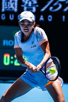 MELBOURNE, AUSTRALIA - JANUARY 23: Shuai Zhang of China plays Karolina Pliskova of Czech Republic on day 8 of the 2023 Australian Open at Melbourne Park on January 23, 2023 in Melbourne, Australia.