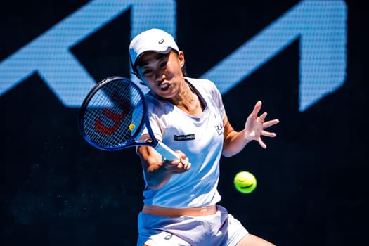 MELBOURNE, AUSTRALIA - JANUARY 23: Shuai Zhang of China plays Karolina Pliskova of Czech Republic on day 8 of the 2023 Australian Open at Melbourne Park on January 23, 2023 in Melbourne, Australia.