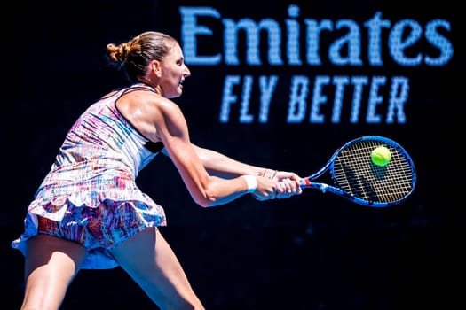 MELBOURNE, AUSTRALIA - JANUARY 23: Karolina Pliskova of Czech Republic plays Shuai Zhang of China on day 8 of the 2023 Australian Open at Melbourne Park on January 23, 2023 in Melbourne, Australia.