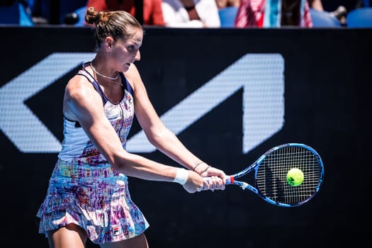 MELBOURNE, AUSTRALIA - JANUARY 23: Karolina Pliskova of Czech Republic plays Shuai Zhang of China on day 8 of the 2023 Australian Open at Melbourne Park on January 23, 2023 in Melbourne, Australia.