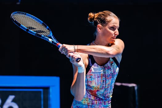 MELBOURNE, AUSTRALIA - JANUARY 23: Karolina Pliskova of Czech Republic plays Shuai Zhang of China on day 8 of the 2023 Australian Open at Melbourne Park on January 23, 2023 in Melbourne, Australia.