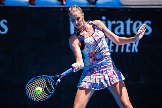 MELBOURNE, AUSTRALIA - JANUARY 23: Karolina Pliskova of Czech Republic plays Shuai Zhang of China on day 8 of the 2023 Australian Open at Melbourne Park on January 23, 2023 in Melbourne, Australia.