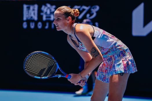 MELBOURNE, AUSTRALIA - JANUARY 23: Karolina Pliskova of Czech Republic plays Shuai Zhang of China on day 8 of the 2023 Australian Open at Melbourne Park on January 23, 2023 in Melbourne, Australia.