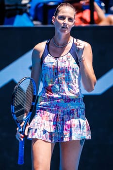 MELBOURNE, AUSTRALIA - JANUARY 23: Karolina Pliskova of Czech Republic plays Shuai Zhang of China on day 8 of the 2023 Australian Open at Melbourne Park on January 23, 2023 in Melbourne, Australia.