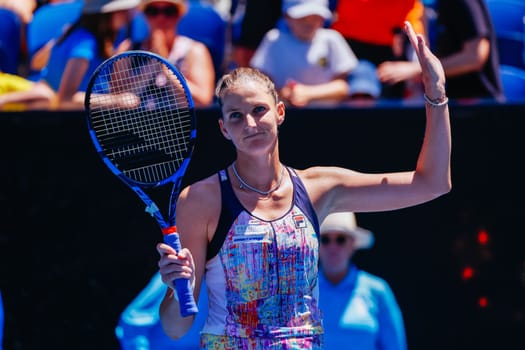 MELBOURNE, AUSTRALIA - JANUARY 23: Karolina Pliskova of Czech Republic plays Shuai Zhang of China on day 8 of the 2023 Australian Open at Melbourne Park on January 23, 2023 in Melbourne, Australia.