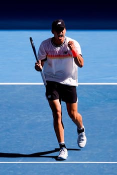 MELBOURNE, AUSTRALIA - JANUARY 23: Ben Shelton of USA plays J.J. Wolf of USA in the 4th round on day 8 of the 2023 Australian Open at Melbourne Park on January 23, 2023 in Melbourne, Australia.