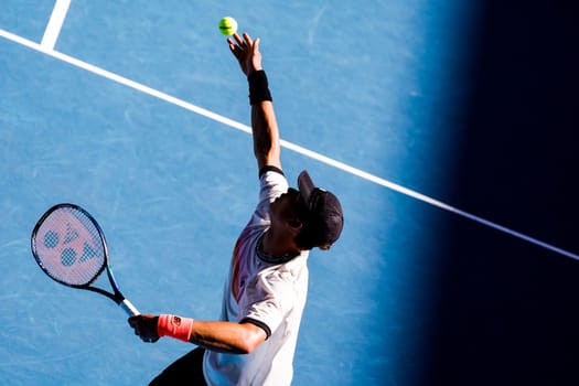 MELBOURNE, AUSTRALIA - JANUARY 23: Ben Shelton of USA plays J.J. Wolf of USA in the 4th round on day 8 of the 2023 Australian Open at Melbourne Park on January 23, 2023 in Melbourne, Australia.