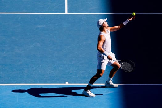 MELBOURNE, AUSTRALIA - JANUARY 23: J.J. Wolf of USA plays Ben Shelton of USA in the 4th round on day 8 of the 2023 Australian Open at Melbourne Park on January 23, 2023 in Melbourne, Australia.