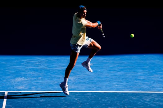MELBOURNE, AUSTRALIA - JANUARY 23: Holger Rune of Denmark plays Andrey Rublev of Russia in the 4th round on day 8 of the 2023 Australian Open at Melbourne Park on January 23, 2023 in Melbourne, Australia.