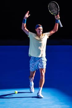 MELBOURNE, AUSTRALIA - JANUARY 23: Holger Rune of Denmark plays Andrey Rublev of Russia in the 4th round on day 8 of the 2023 Australian Open at Melbourne Park on January 23, 2023 in Melbourne, Australia.