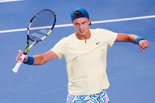 MELBOURNE, AUSTRALIA - JANUARY 23: Holger Rune of Denmark plays Andrey Rublev of Russia in the 4th round on day 8 of the 2023 Australian Open at Melbourne Park on January 23, 2023 in Melbourne, Australia.