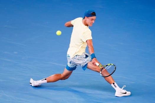 MELBOURNE, AUSTRALIA - JANUARY 23: Holger Rune of Denmark plays Andrey Rublev of Russia in the 4th round on day 8 of the 2023 Australian Open at Melbourne Park on January 23, 2023 in Melbourne, Australia.