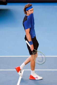 MELBOURNE, AUSTRALIA - JANUARY 23: Andrey Rublev of Russia plays Holger Rune of Denmark in the 4th round on day 8 of the 2023 Australian Open at Melbourne Park on January 23, 2023 in Melbourne, Australia.