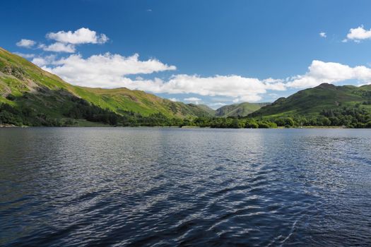 View from Ullswater looking towards the fells and mountains surrounding Glenridding, Lake District, Cumbria, UK
