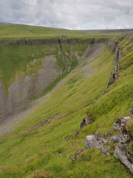 View up to High Cup Nick from the edge of High Cup Gill chasm, Eden Valley, North Pennines, Cumbria, UK