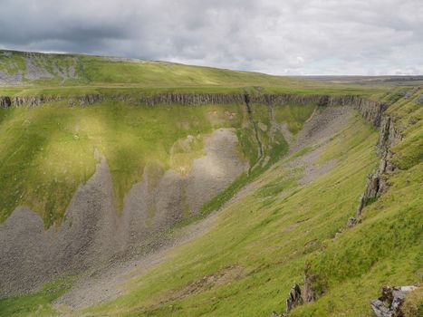 View up to High Cup Nick from the edge of High Cup Gill chasm, Eden Valley, North Pennines, Cumbria, UK