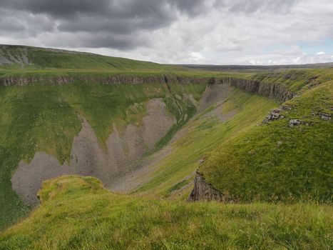 View up to High Cup Nick from the edge of High Cup Gill chasm, Eden Valley, North Pennines, Cumbria, UK