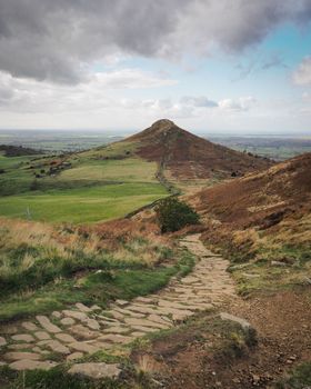 View from footpath of the final ascent to the summit of Roseberry Topping, Yorkshires Matterhorn, North York Moors National Park, UK