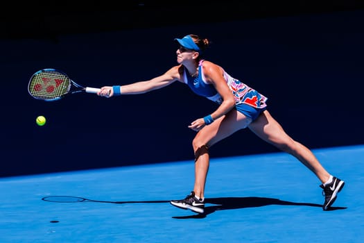 MELBOURNE, AUSTRALIA - JANUARY 23: Belinda Bencic of Switzerland playing Aryna Sabalenka of Belarus on day 8 of the 2023 Australian Open at Melbourne Park on January 23, 2023 in Melbourne, Australia.