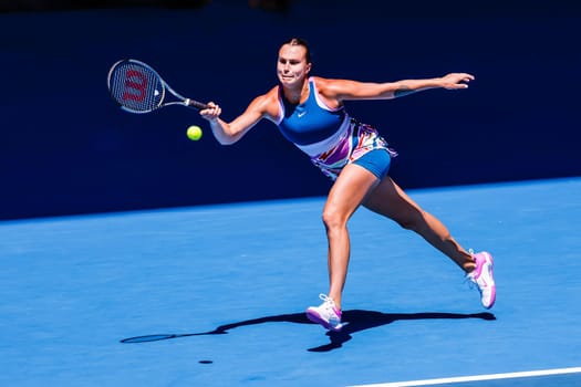 MELBOURNE, AUSTRALIA - JANUARY 23: Aryna Sabalenka of Belarus plays Belinda Bencic of Switzerland on day 8 of the 2023 Australian Open at Melbourne Park on January 23, 2023 in Melbourne, Australia.