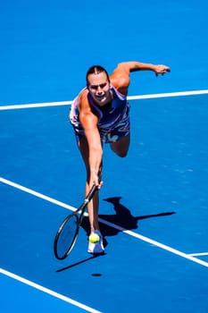 MELBOURNE, AUSTRALIA - JANUARY 23: Aryna Sabalenka of Belarus plays Belinda Bencic of Switzerland on day 8 of the 2023 Australian Open at Melbourne Park on January 23, 2023 in Melbourne, Australia.