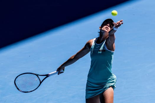 MELBOURNE, AUSTRALIA - JANUARY 23: Magda Linette of Poland plays Caroline Garcia of France on day 8 action of the 2023 Australian Open at Melbourne Park on January 23, 2023 in Melbourne, Australia.