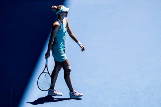 MELBOURNE, AUSTRALIA - JANUARY 23: Magda Linette of Poland plays Caroline Garcia of France on day 8 action of the 2023 Australian Open at Melbourne Park on January 23, 2023 in Melbourne, Australia.