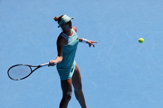 MELBOURNE, AUSTRALIA - JANUARY 23: Magda Linette of Poland plays Caroline Garcia of France on day 8 action of the 2023 Australian Open at Melbourne Park on January 23, 2023 in Melbourne, Australia.
