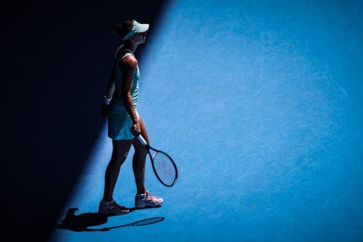 MELBOURNE, AUSTRALIA - JANUARY 23: Magda Linette of Poland plays Caroline Garcia of France on day 8 action of the 2023 Australian Open at Melbourne Park on January 23, 2023 in Melbourne, Australia.