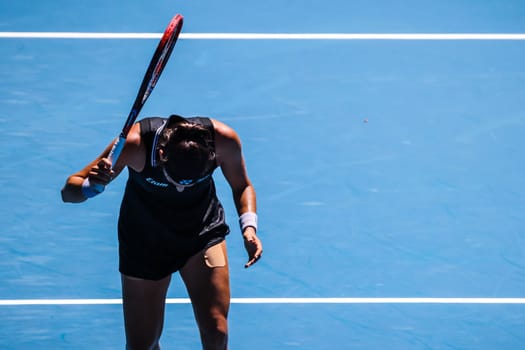 MELBOURNE, AUSTRALIA - JANUARY 23: Caroline Garcia of France plays against Magda Linette of Poland on day 8 action of the 2023 Australian Open at Melbourne Park on January 23, 2023 in Melbourne, Australia.