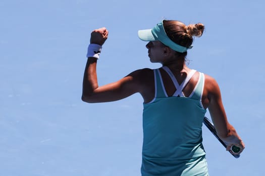 MELBOURNE, AUSTRALIA - JANUARY 23: Magda Linette of Poland plays Caroline Garcia of France on day 8 action of the 2023 Australian Open at Melbourne Park on January 23, 2023 in Melbourne, Australia.