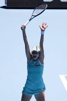 MELBOURNE, AUSTRALIA - JANUARY 23: Magda Linette of Poland celebrates beating Caroline Garcia of France on day 8 action of the 2023 Australian Open at Melbourne Park on January 23, 2023 in Melbourne, Australia.