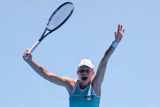 MELBOURNE, AUSTRALIA - JANUARY 23: Magda Linette of Poland celebrates beating Caroline Garcia of France on day 8 action of the 2023 Australian Open at Melbourne Park on January 23, 2023 in Melbourne, Australia.