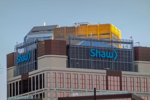 Calgary, Alberta, Canada. Jan 22, 2023. Shaw Communications telecommunications company sign during the day.