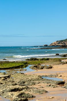 Maria Luisa beach with rock formation in Albufeira, Algarve, Portugal.