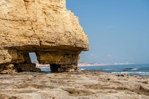 Maria Luisa beach with rock formation in Albufeira, Algarve, Portugal.