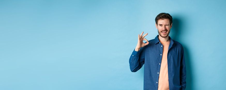 Positive smiling guy winking and showing okay sign, praising good work, recommending good company, standing on blue background.