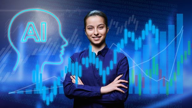 Portrait of a young female on a modern digital background with signs of artificial intelligence, graphs, statistics. Using AI in education