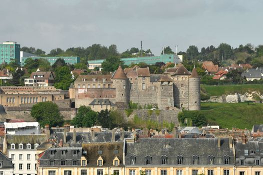 DIEPPE, FRANCE - MAY 12, 2022: Top view from above to the city of Dieppe and the castle
