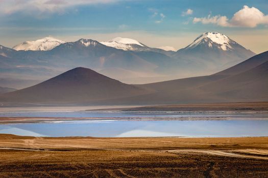 Volcanic landscape in Bolivian andes altiplano near Chilean atacama border, South America