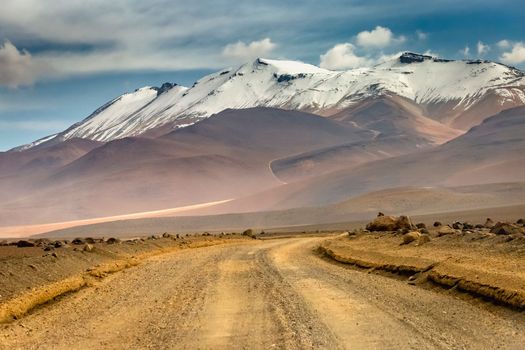 Volcanic landscape in Bolivian andes altiplano near Chilean atacama border, South America