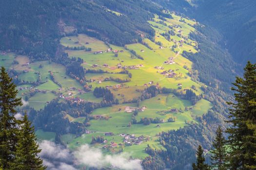 Above Idyllic Zillertal valley and mountains landscape near Hintertux, Austria